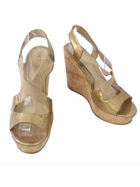 Fendi Neutrals Patent Leather Wedge Platform Sandals IT 38 (8 Women) Gold Tan